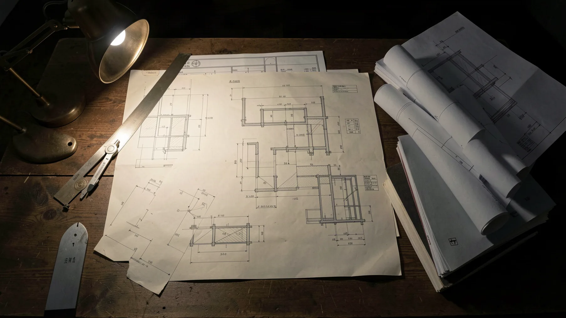 Mesa de trabajo con planos de ingeniería, escalímetro e instrumentos de medición bajo luz dirigida.