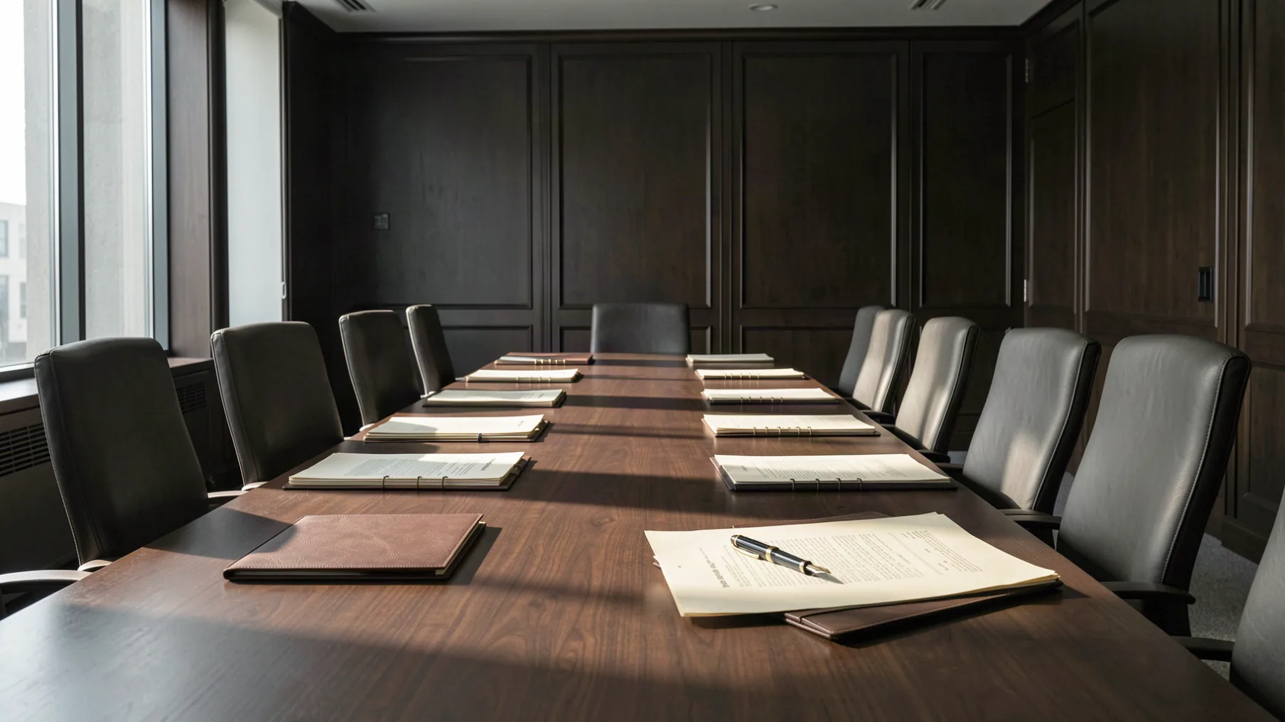Sala de directorio sobria con documentación contractual dispuesta sobre la mesa.