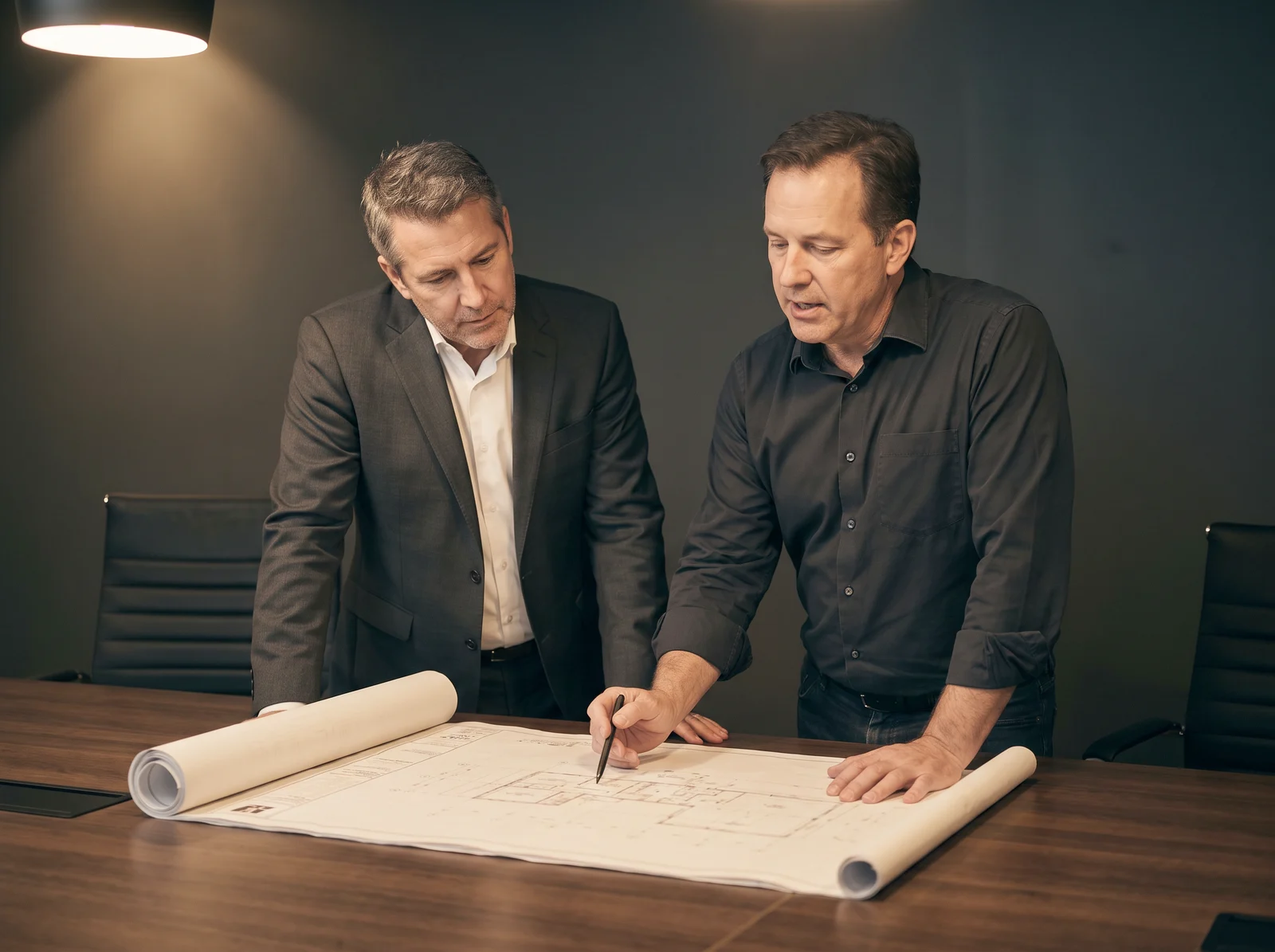 Dos profesionales revisando juntos un plano técnico desplegado sobre la mesa de una sala de directorio.