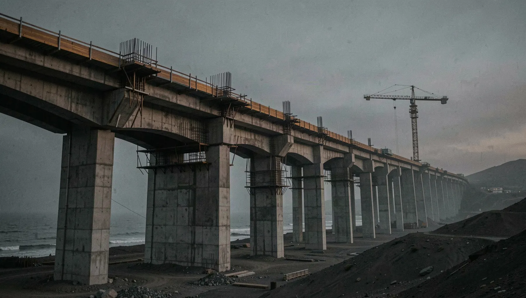 Estructura de acero en construcción al atardecer, escala real de un proyecto de infraestructura.