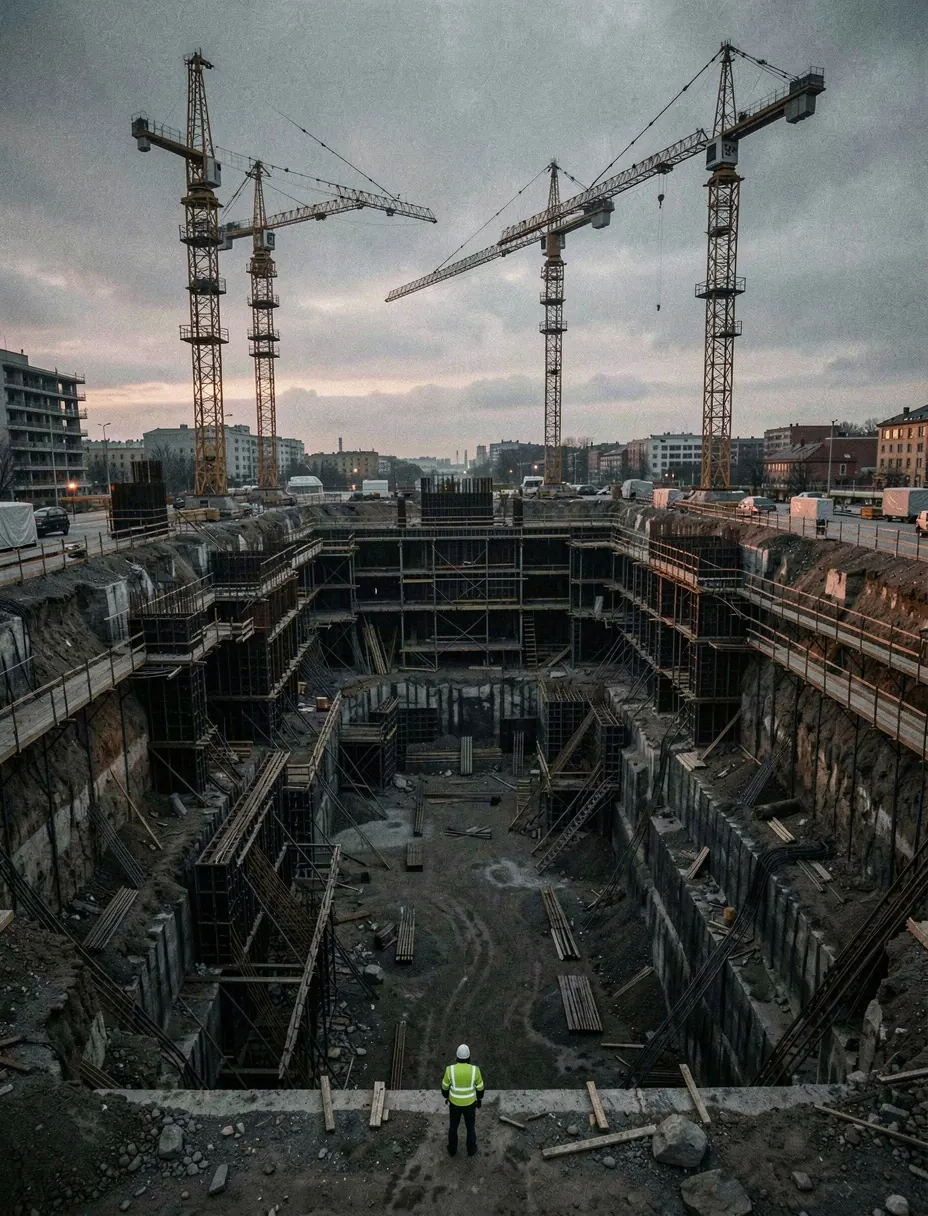 Supervisor técnico revisando el avance de obra en una construcción de gran envergadura.