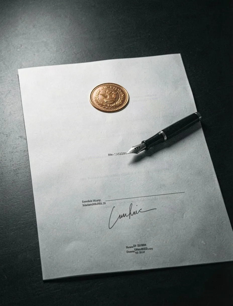 Documento formal con sello sobre una mesa de directorio.